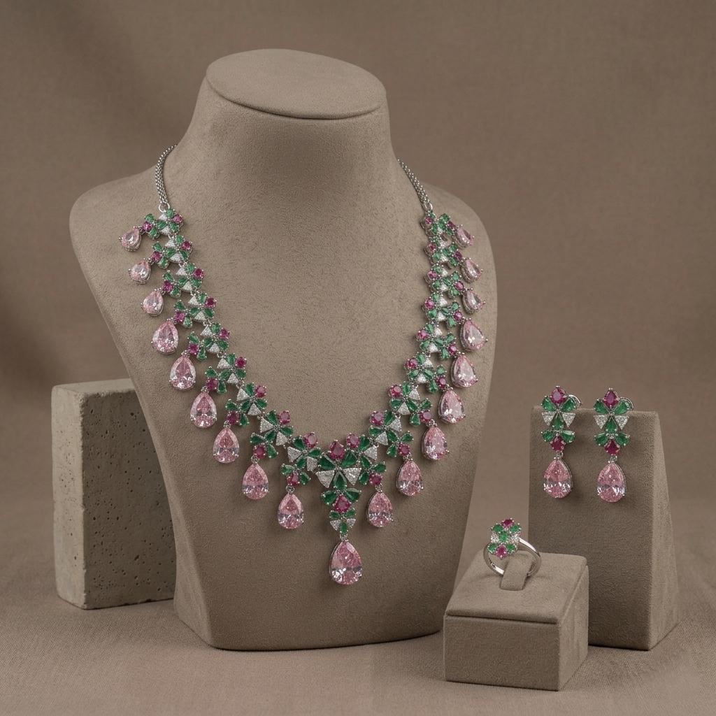 Floral Crystal Bridal Jewelry Set | Necklace, Earrings, Ring | Wedding Party Elegance