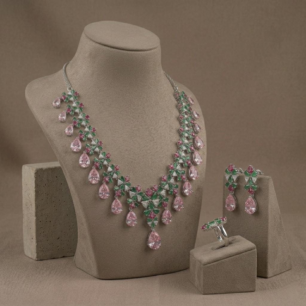Floral Crystal Bridal Jewelry Set | Necklace, Earrings, Ring | Wedding Party Elegance