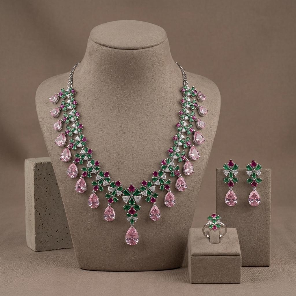 Floral Crystal Bridal Jewelry Set | Necklace, Earrings, Ring | Wedding Party Elegance