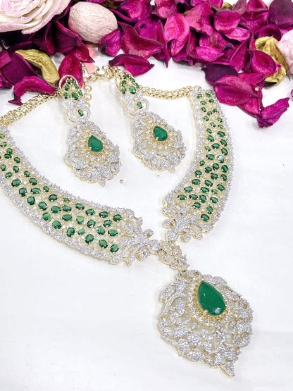 CZ Bridal Necklace Set | Statement Pendant Jewelry, Matching Earrings | Party Wear
