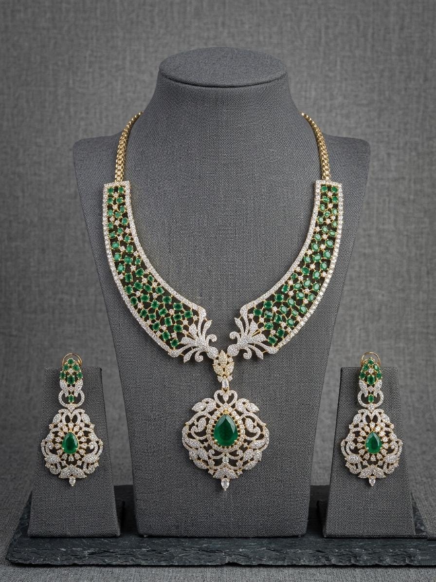 CZ Bridal Necklace Set | Statement Pendant Jewelry, Matching Earrings | Party Wear