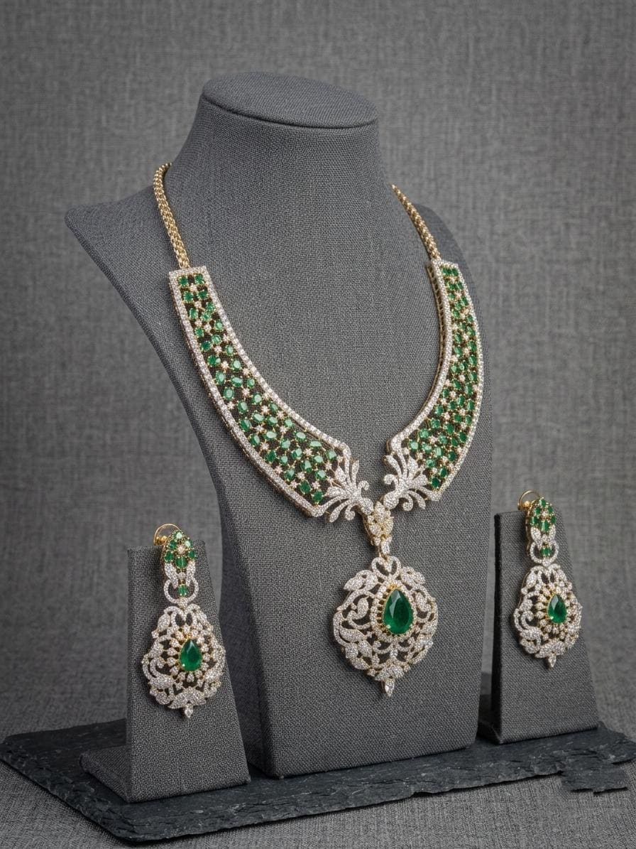 CZ Bridal Necklace Set | Statement Pendant Jewelry, Matching Earrings | Party Wear