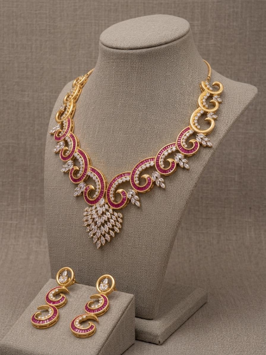 CZ Statement Necklace Set | Spiral Design Bridal Jewelry, Party Wear Earrings