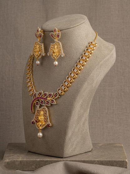 Temple Jewelry Necklace Set | CZ Goddess Pendant, Matching Earrings | Traditional Bridal Wear