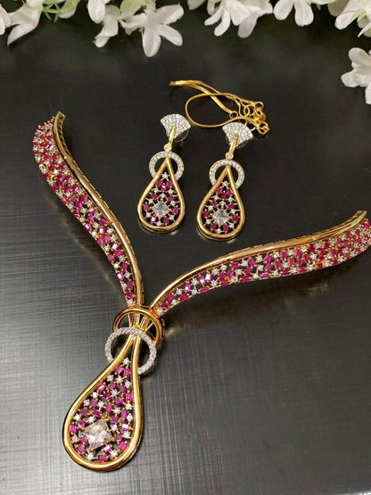 CZ Teardrop Pendant Necklace Earrings Set | Designer Statement Wedding Jewelry