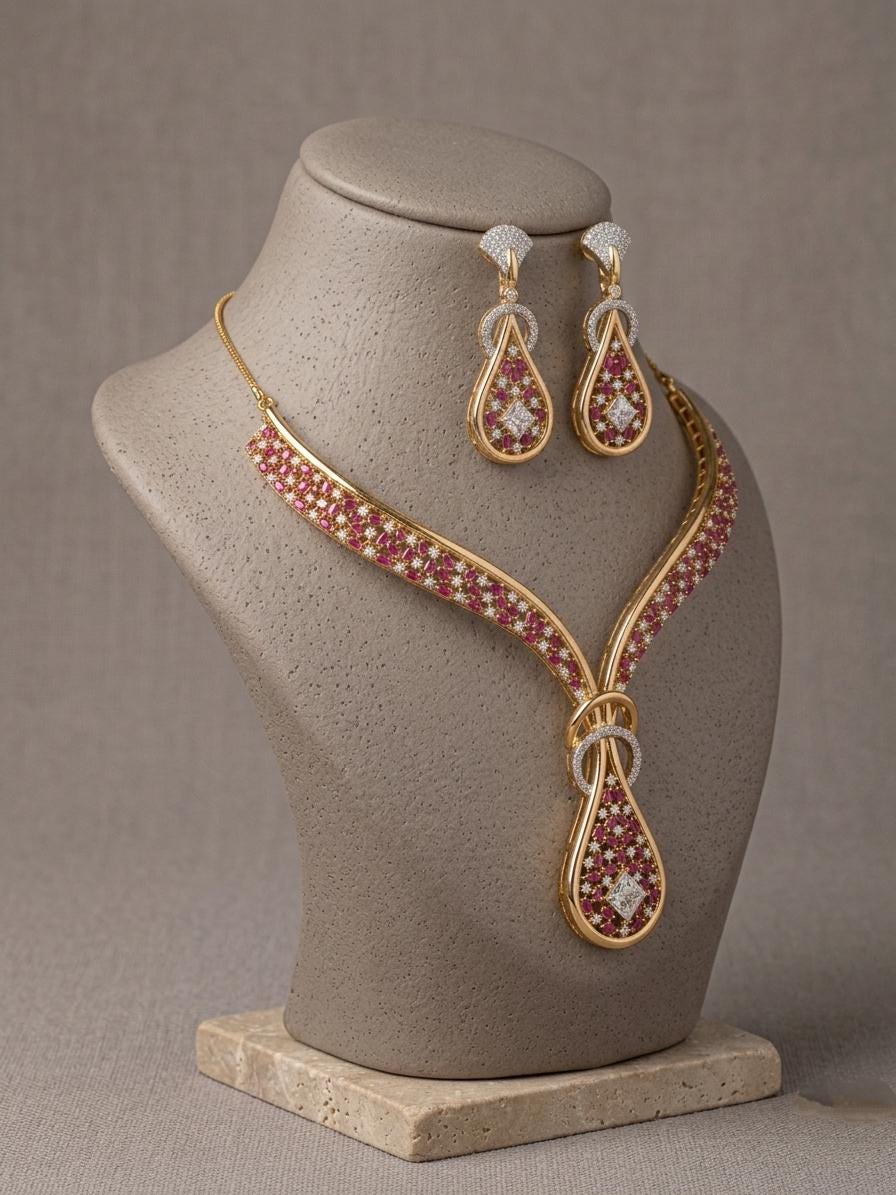 CZ Teardrop Pendant Necklace Earrings Set | Designer Statement Wedding Jewelry