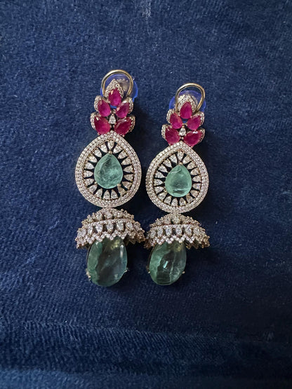 Emerald Ruby CZ Jhumka Earrings | Victorian Statement Bridal Drop Jewelry