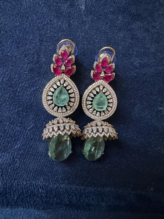 Emerald Ruby CZ Jhumka Earrings | Victorian Statement Bridal Drop Jewelry
