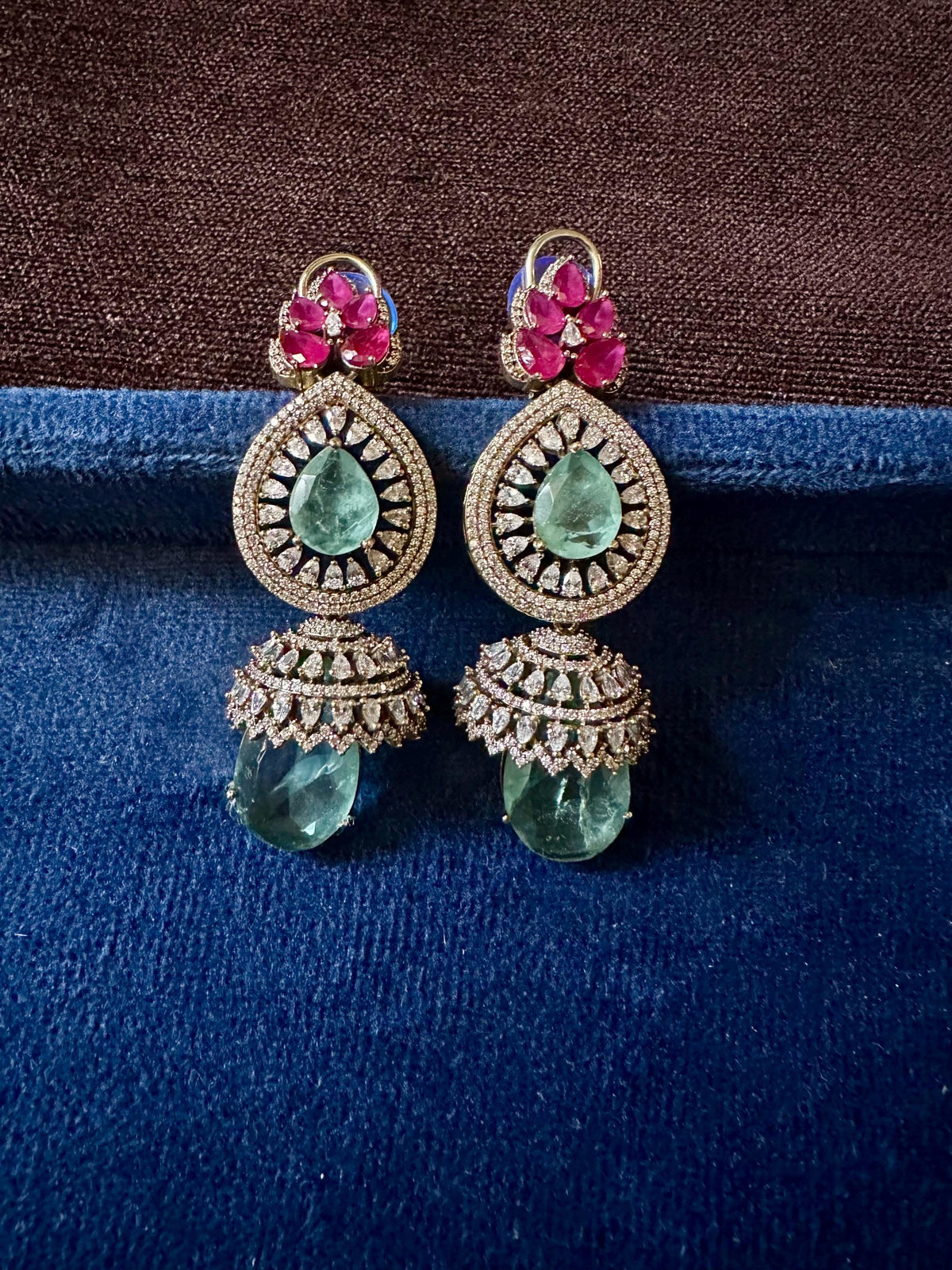 Emerald Ruby CZ Jhumka Earrings | Victorian Statement Bridal Drop Jewelry