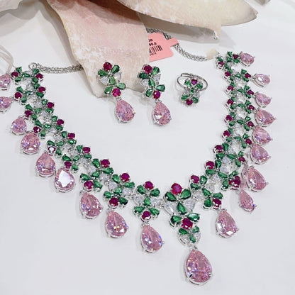 Floral Crystal Bridal Jewelry Set | Necklace, Earrings, Ring | Wedding Party Elegance