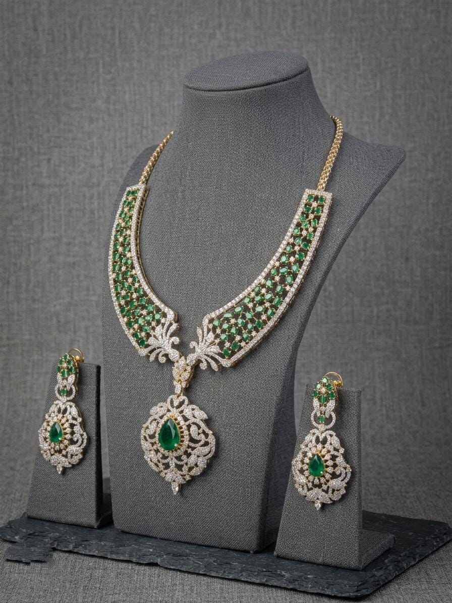 CZ Bridal Necklace Set | Statement Pendant Jewelry, Matching Earrings | Party Wear