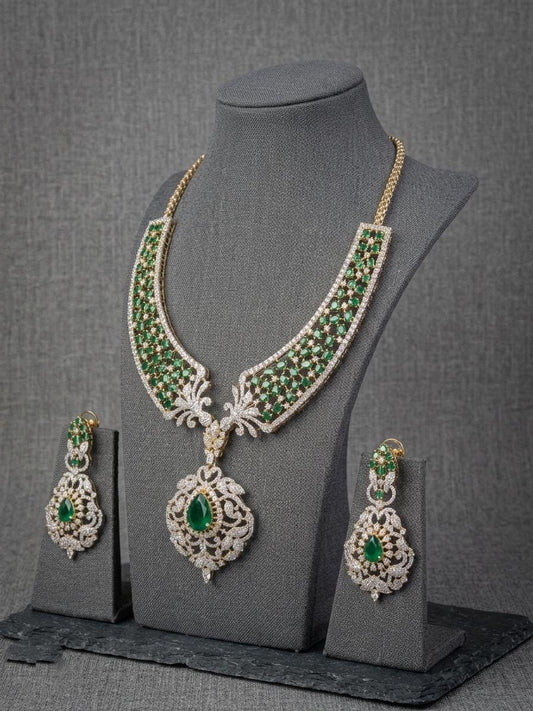 CZ Bridal Necklace Set | Statement Pendant Jewelry, Matching Earrings | Party Wear