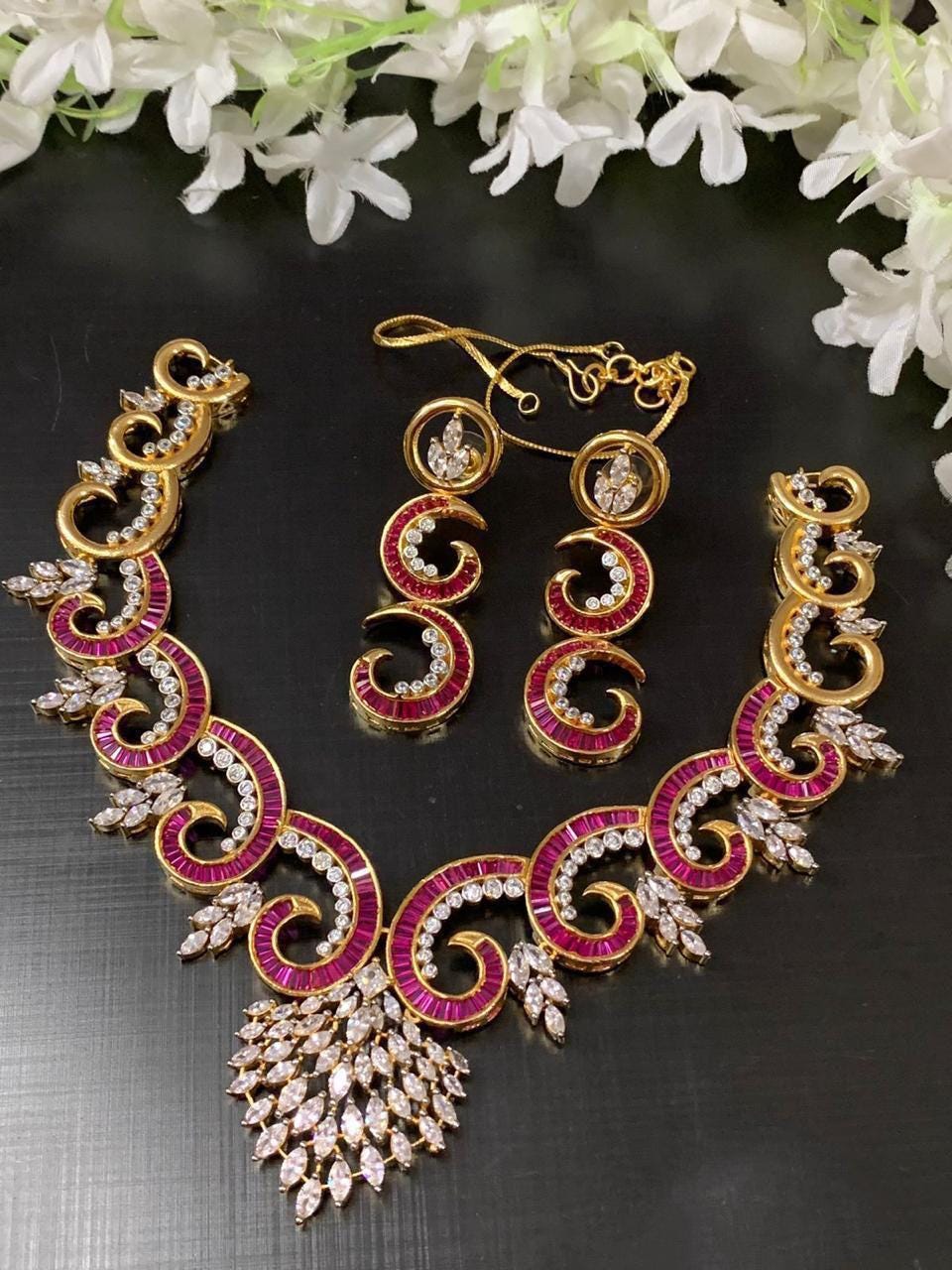 CZ Statement Necklace Set | Spiral Design Bridal Jewelry, Party Wear Earrings