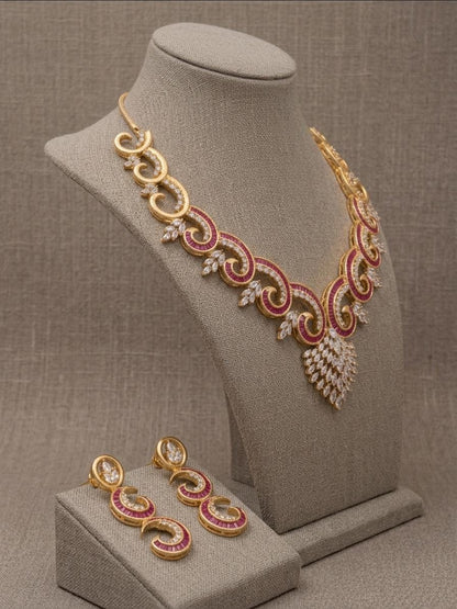 CZ Statement Necklace Set | Spiral Design Bridal Jewelry, Party Wear Earrings