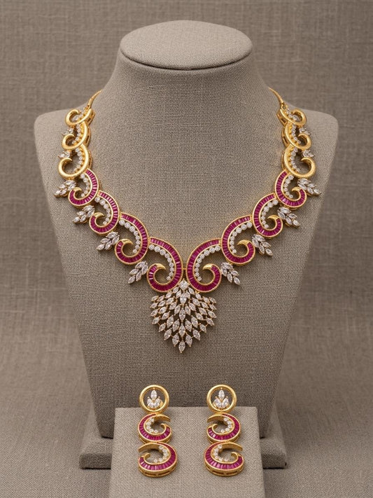 CZ Statement Necklace Set | Spiral Design Bridal Jewelry, Party Wear Earrings