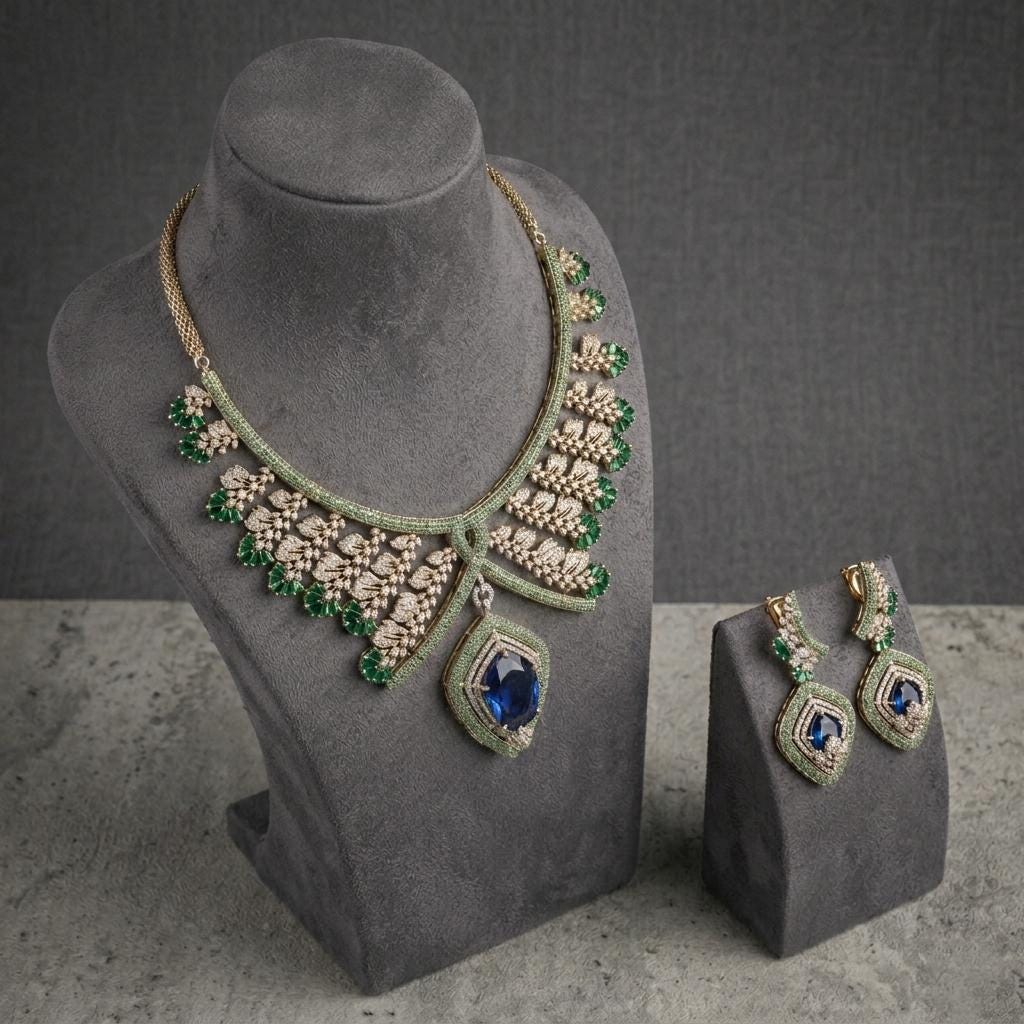 Designer CZ Statement Necklace Set | Bridal Pendant Earrings | Elegant Wedding Party Wear
