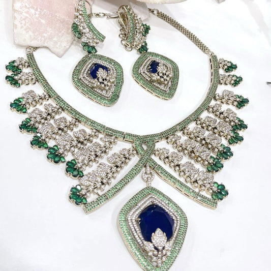 Designer CZ Statement Necklace Set | Bridal Pendant Earrings | Elegant Wedding Party Wear
