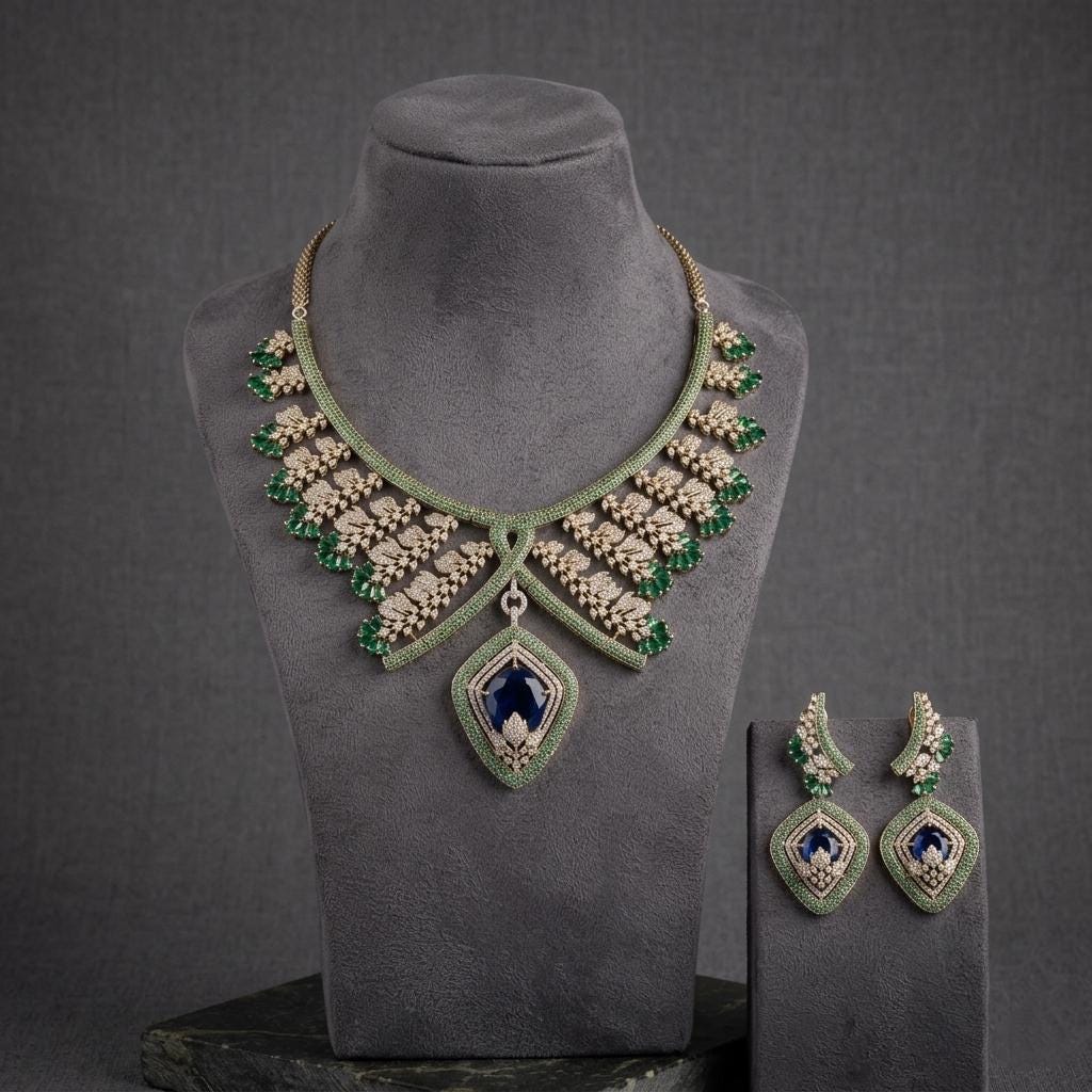 Designer CZ Statement Necklace Set | Bridal Pendant Earrings | Elegant Wedding Party Wear