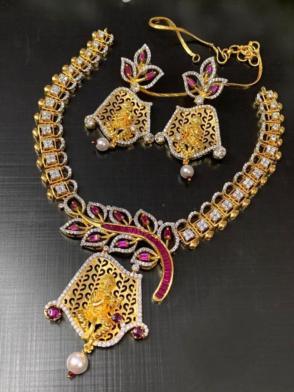 Temple Jewelry Necklace Set | CZ Goddess Pendant, Matching Earrings | Traditional Bridal Wear