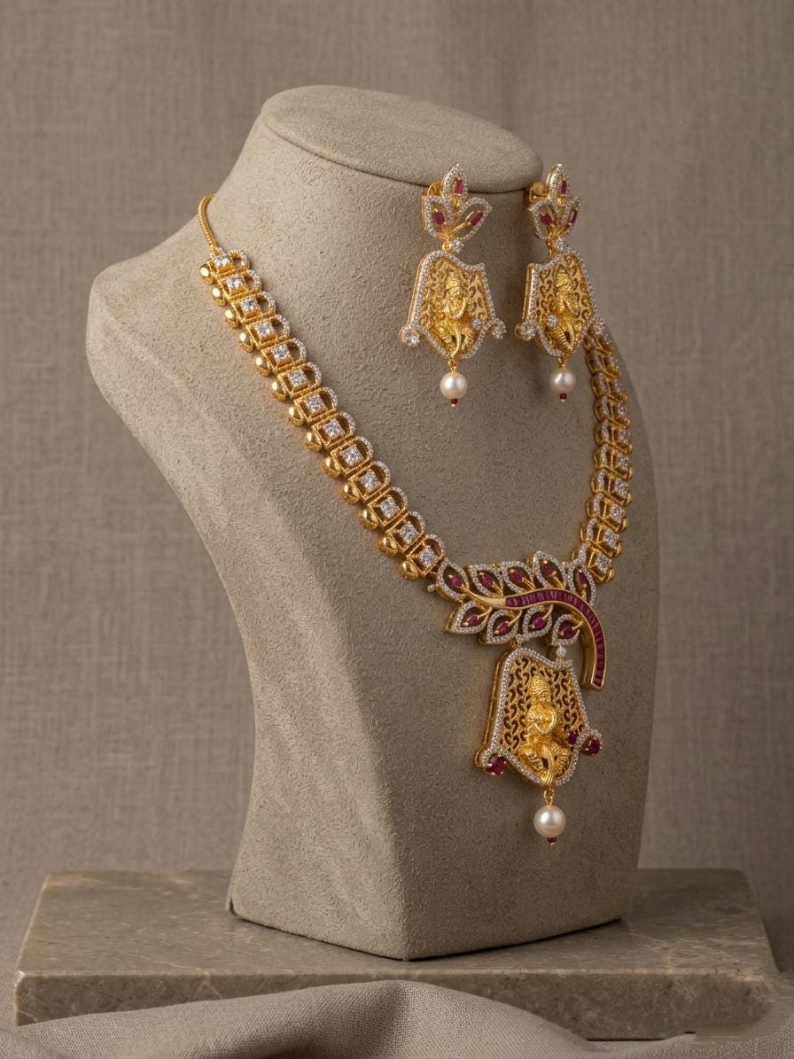 Temple Jewelry Necklace Set | CZ Goddess Pendant, Matching Earrings | Traditional Bridal Wear