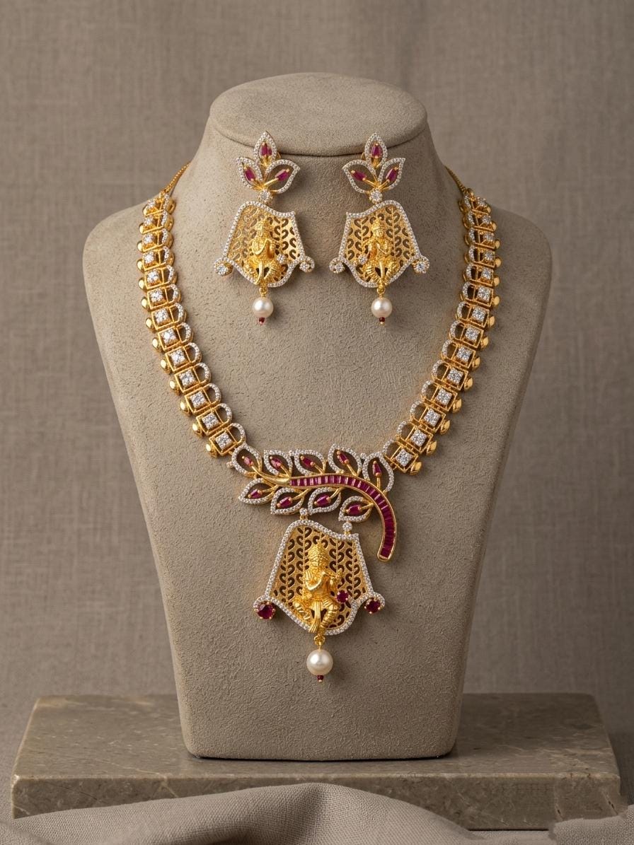 Temple Jewelry Necklace Set | CZ Goddess Pendant, Matching Earrings | Traditional Bridal Wear