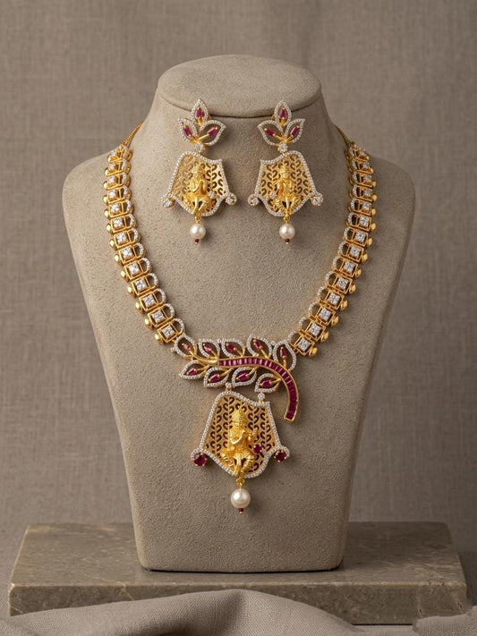 Temple Jewelry Necklace Set | CZ Goddess Pendant, Matching Earrings | Traditional Bridal Wear