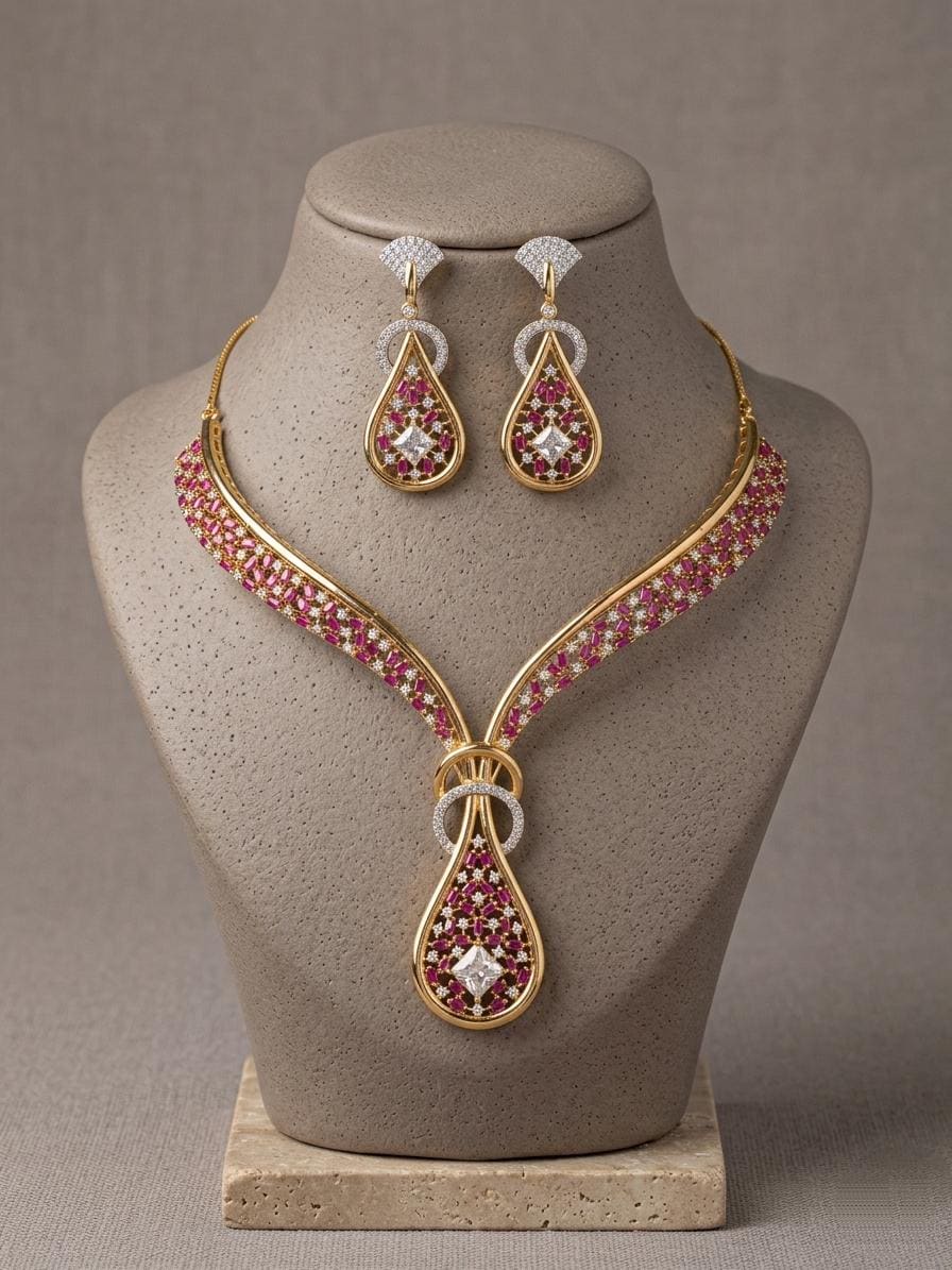 CZ Teardrop Pendant Necklace Earrings Set | Designer Statement Wedding Jewelry