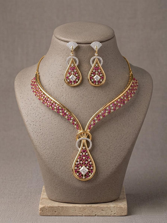 CZ Teardrop Pendant Necklace Earrings Set | Designer Statement Wedding Jewelry