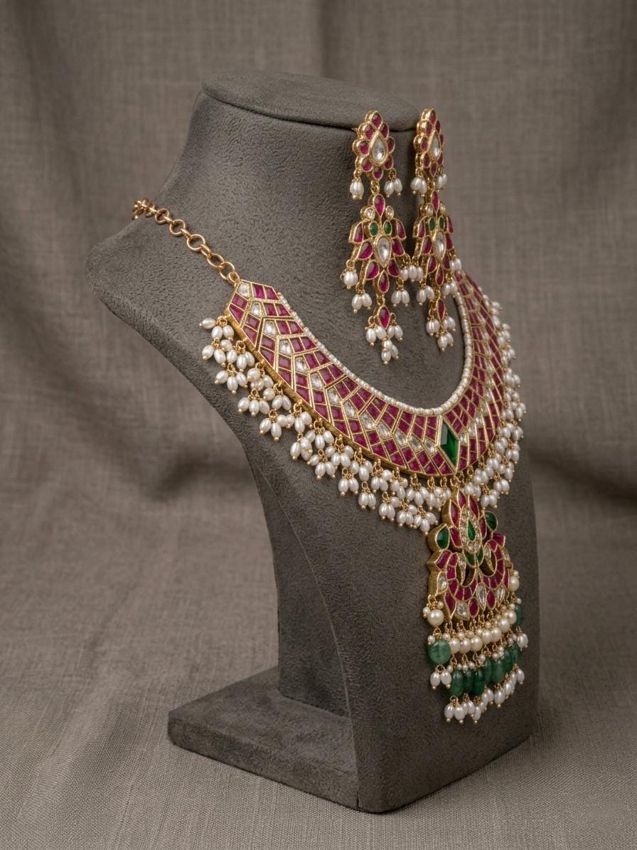 Indian Bridal Necklace Set, Kundan Style, Floral Geometric Pendant, Pearl Accents, Matching Earrings