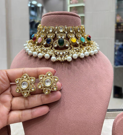 Kundan Style Bridal Choker Set | Gold-Tone, Pearl Drops, Floral Earrings