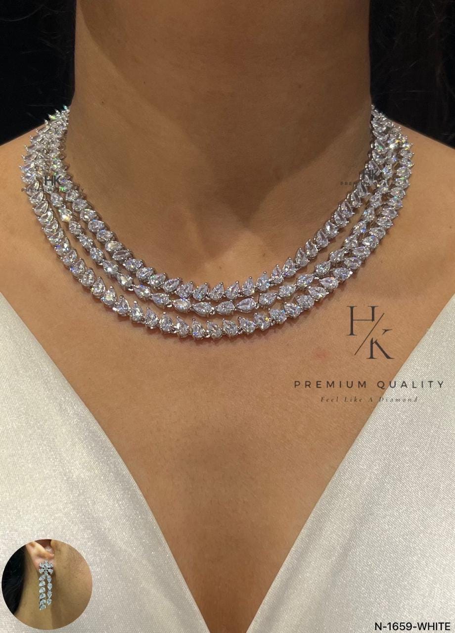 CZ Bridal Necklace Set | Double-Layer American Diamond Wedding Jewelry (Necklace + Earrings)