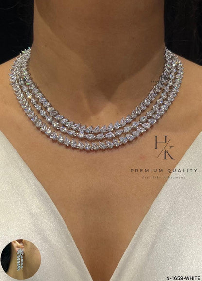 CZ Bridal Necklace Set | Double-Layer American Diamond Wedding Jewelry (Necklace + Earrings)