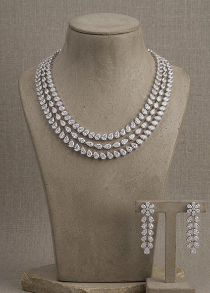 CZ Bridal Necklace Set | Double-Layer American Diamond Wedding Jewelry (Necklace + Earrings)