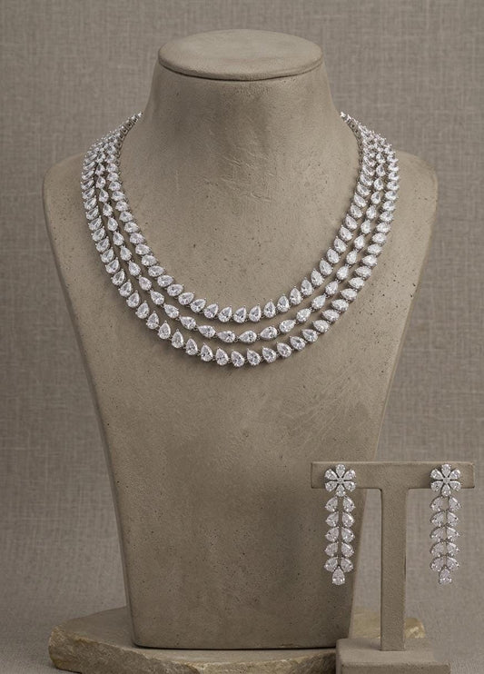 CZ Bridal Necklace Set | Double-Layer American Diamond Wedding Jewelry (Necklace + Earrings)