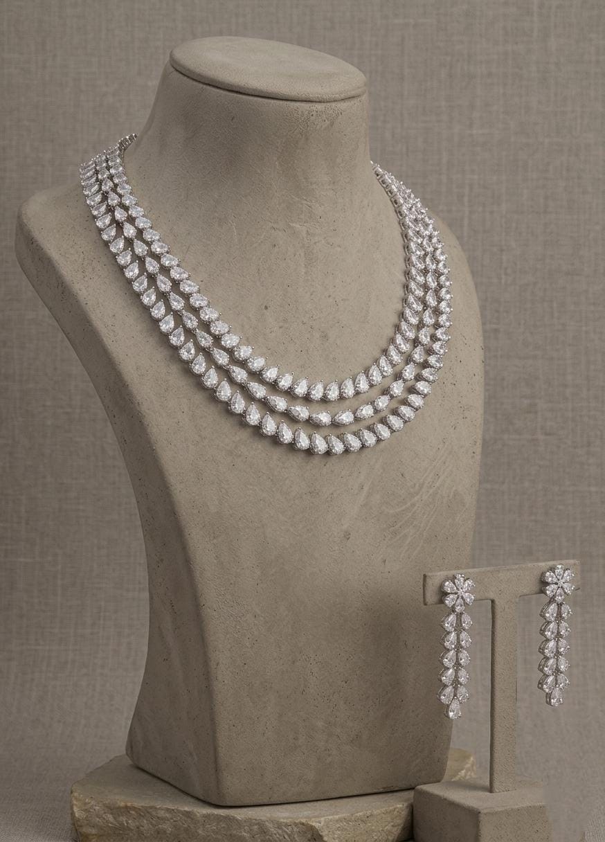 CZ Bridal Necklace Set | Double-Layer American Diamond Wedding Jewelry (Necklace + Earrings)