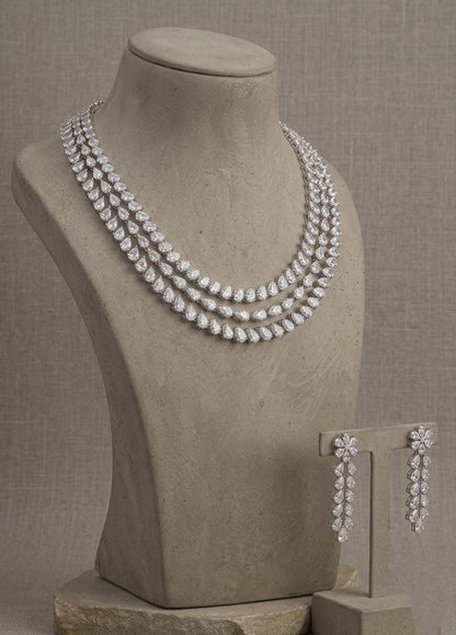 CZ Bridal Necklace Set | Double-Layer American Diamond Wedding Jewelry (Necklace + Earrings)