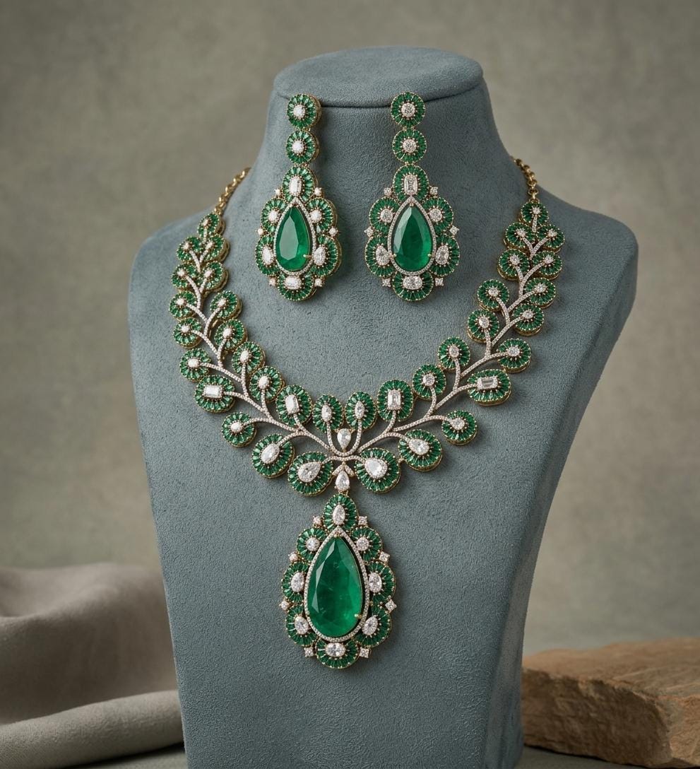 Statement Necklace and Earrings Set | Emerald CZ Bridal Jewelry | Elegant Party Wear
