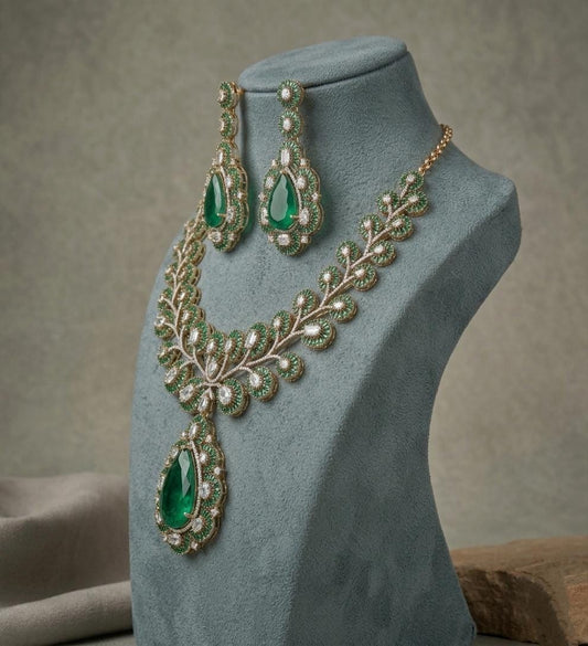 Statement Necklace and Earrings Set | Emerald CZ Bridal Jewelry | Elegant Party Wear