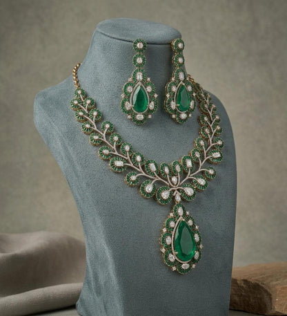 Statement Necklace and Earrings Set | Emerald CZ Bridal Jewelry | Elegant Party Wear