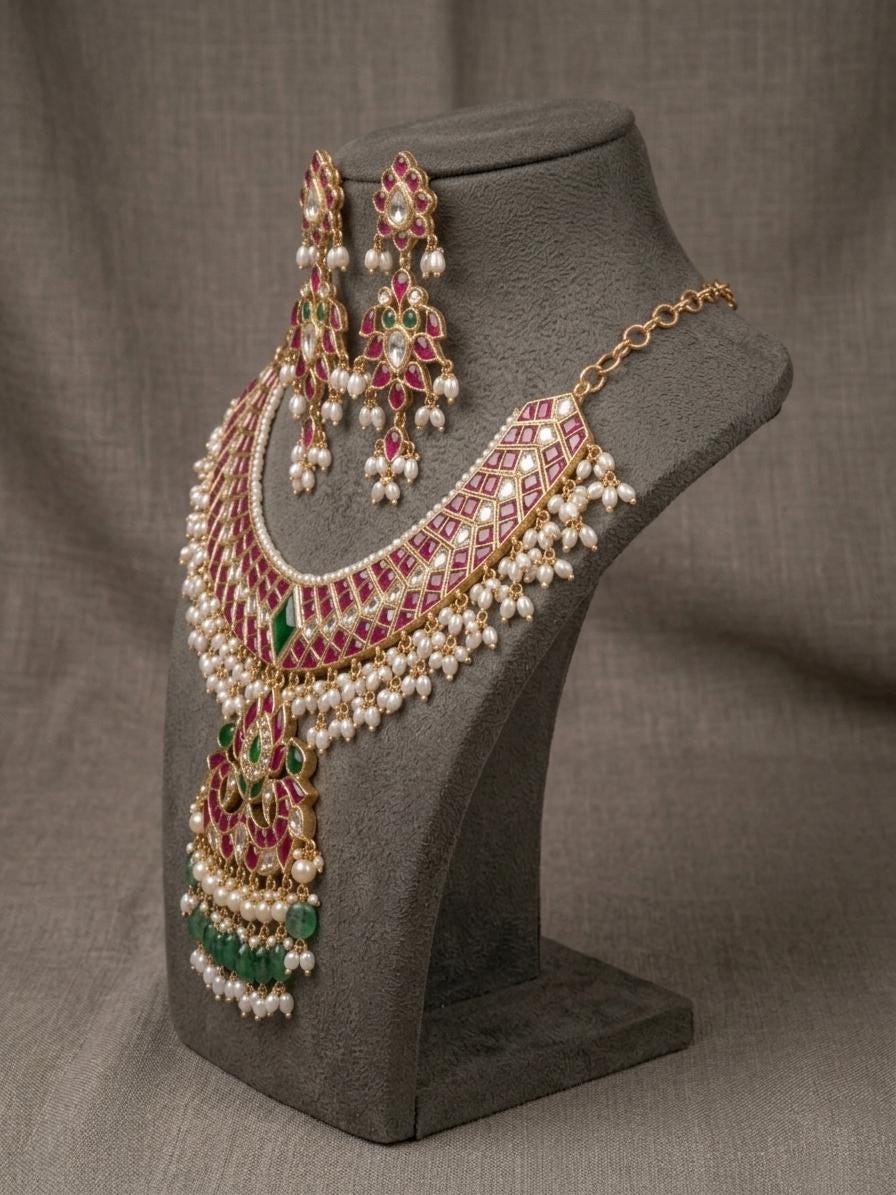 Indian Bridal Necklace Set, Kundan Style, Floral Geometric Pendant, Pearl Accents, Matching Earrings