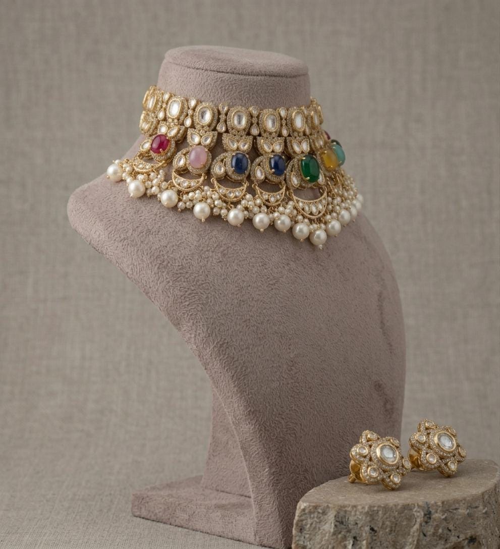 Kundan Style Bridal Choker Set | Gold-Tone, Pearl Drops, Floral Earrings