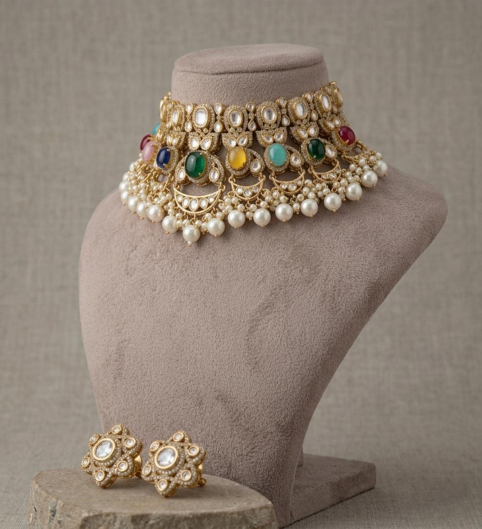 Kundan Style Bridal Choker Set | Gold-Tone, Pearl Drops, Floral Earrings