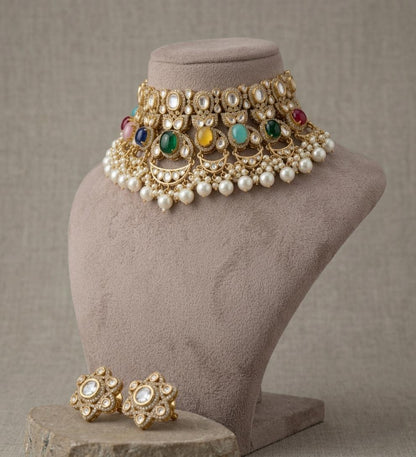Kundan Style Bridal Choker Set | Gold-Tone, Pearl Drops, Floral Earrings