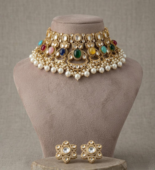 Kundan Style Bridal Choker Set | Gold-Tone, Pearl Drops, Floral Earrings