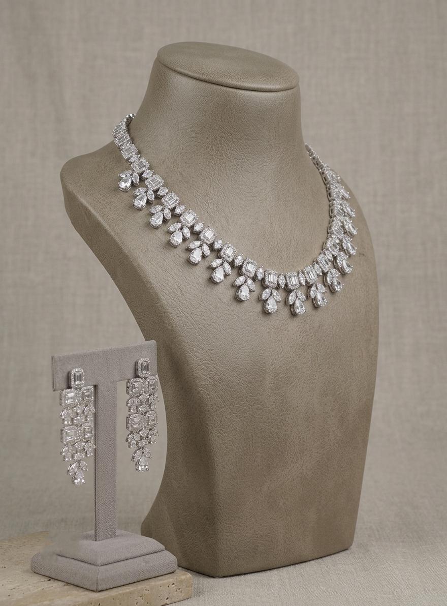 CZ Bridal Necklace Set | Statement Wedding Jewelry, Party Wear Earrings