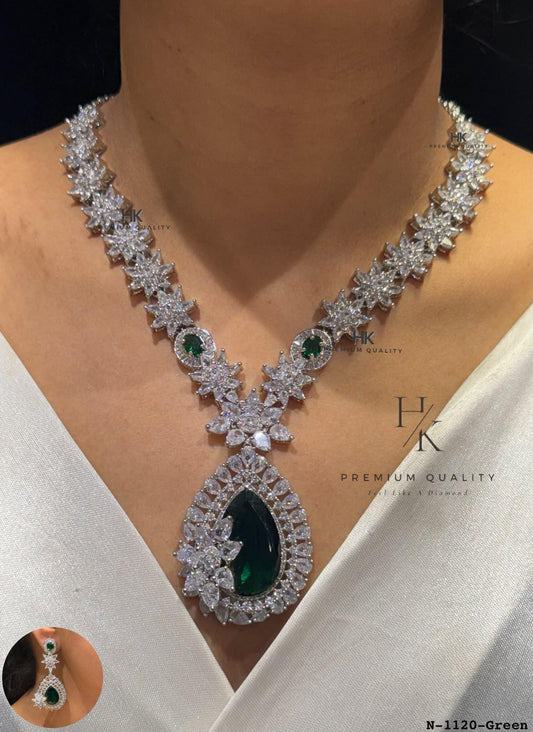 CZ Teardrop Pendant Necklace and Earrings Set | Bridal Floral Statement Jewelry