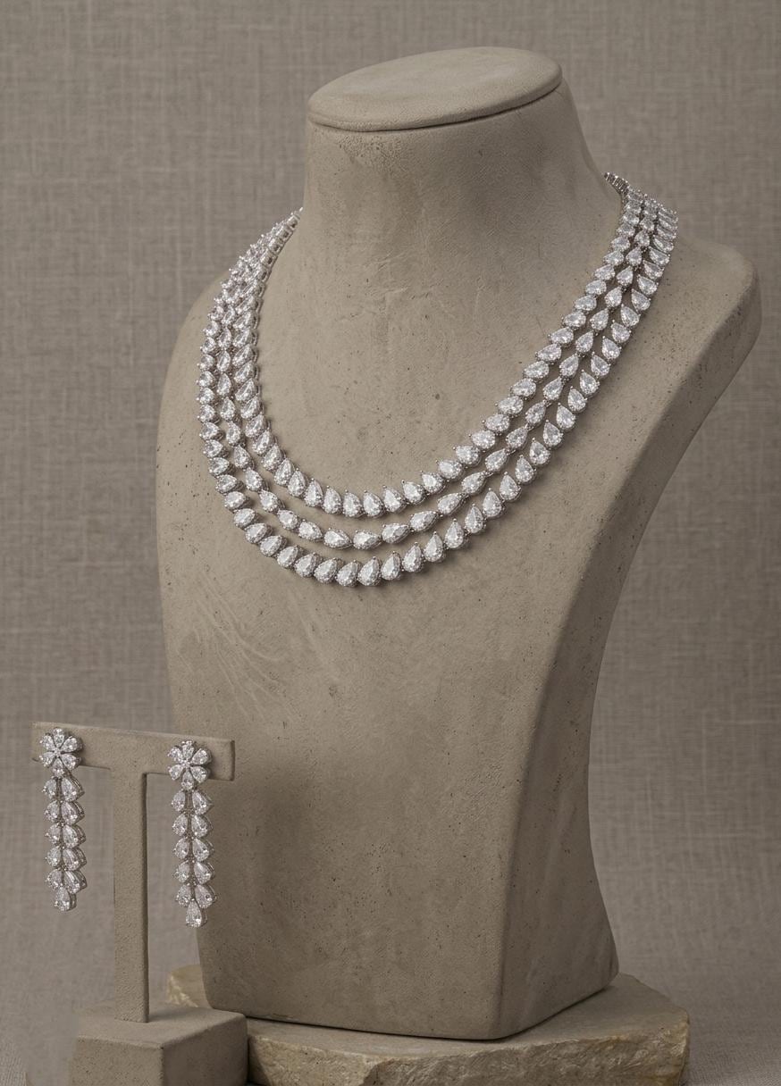 CZ Bridal Necklace Set | Double-Layer American Diamond Wedding Jewelry (Necklace + Earrings)