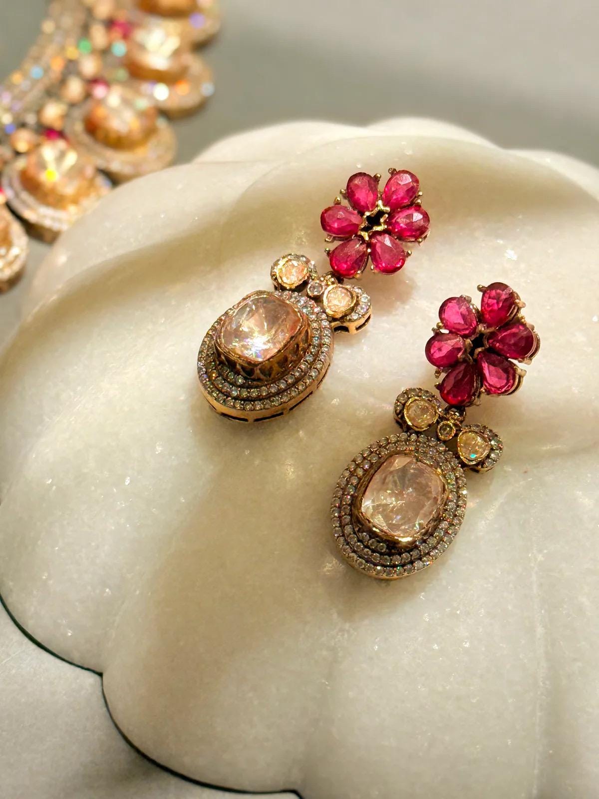 Rose Gold Kundan Necklace Set | Bridal Choker with Ruby Accents, Earrings