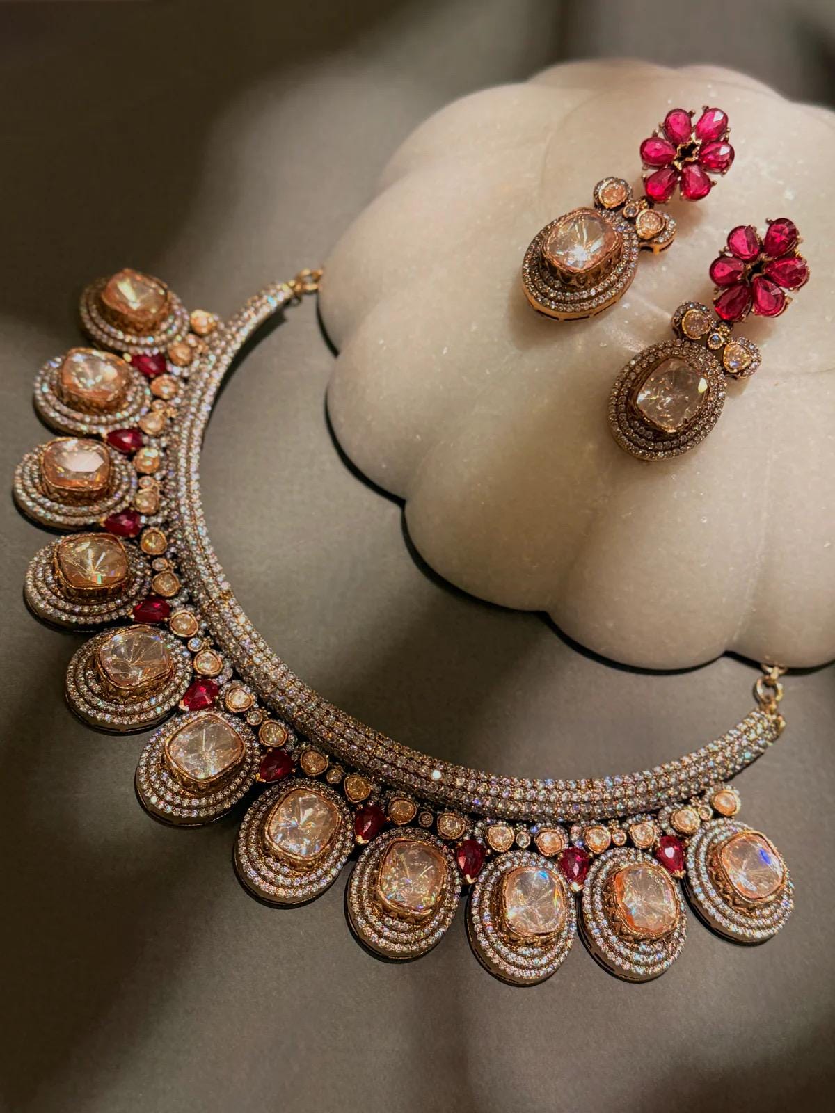 Rose Gold Kundan Necklace Set | Bridal Choker with Ruby Accents, Earrings