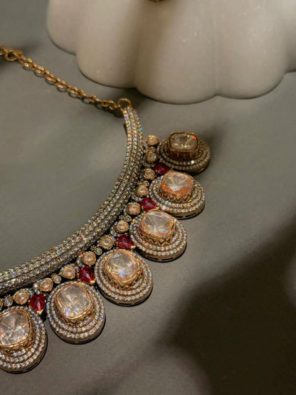 Rose Gold Kundan Necklace Set | Bridal Choker with Ruby Accents, Earrings